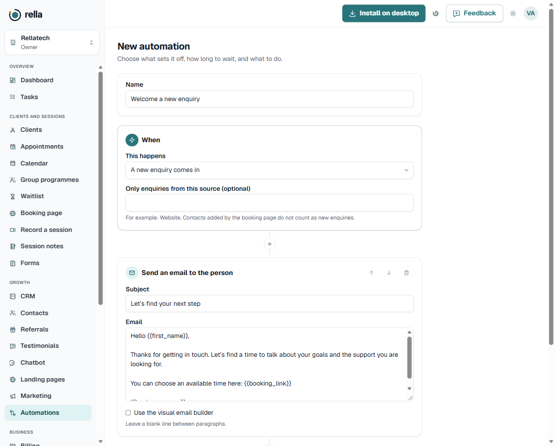 An example follow-up workflow in the Rella automation builder