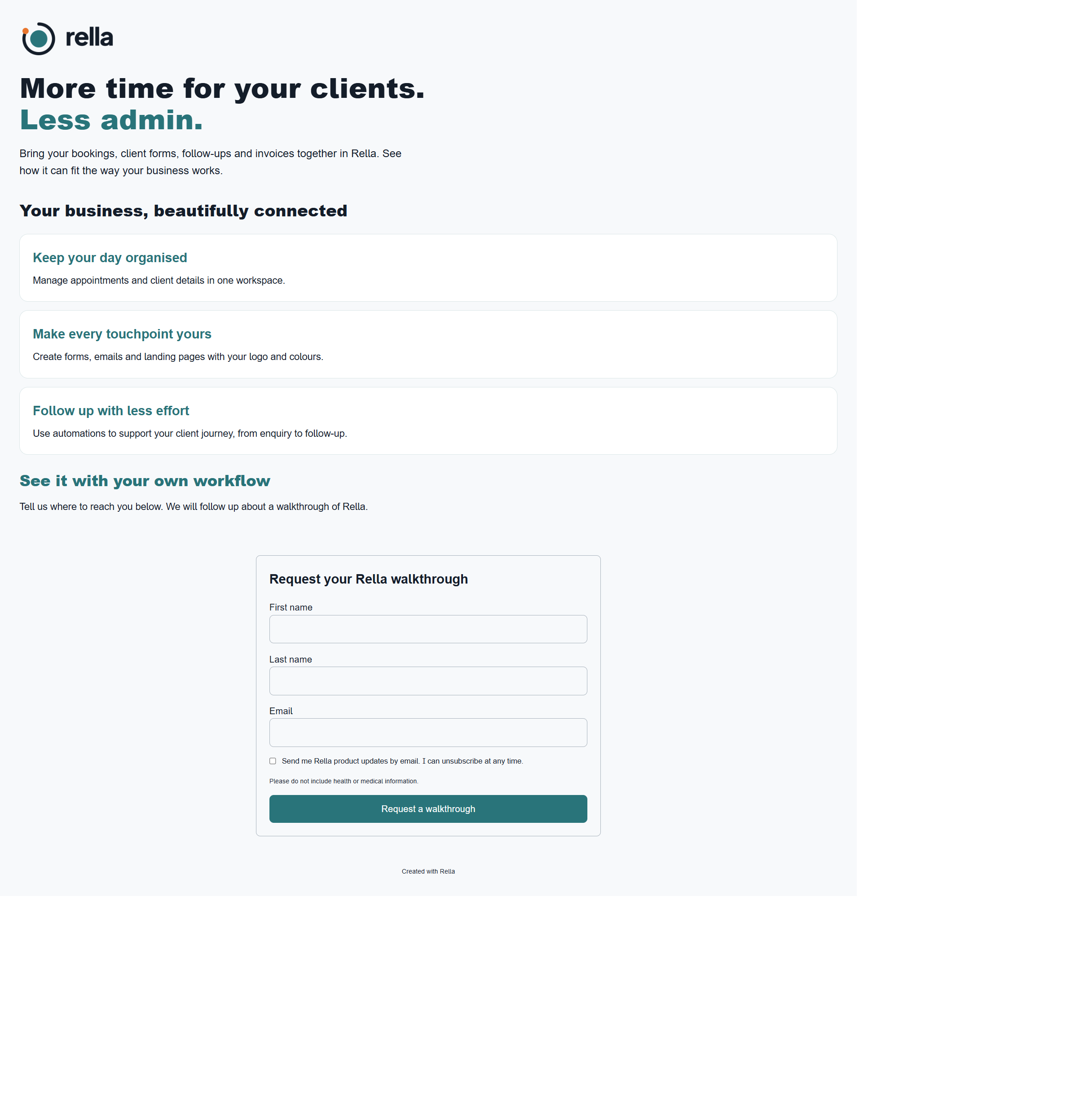 A landing page built and published in Rella