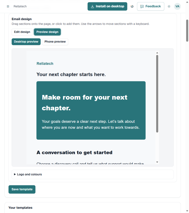 A complete email design example in the Rella builder